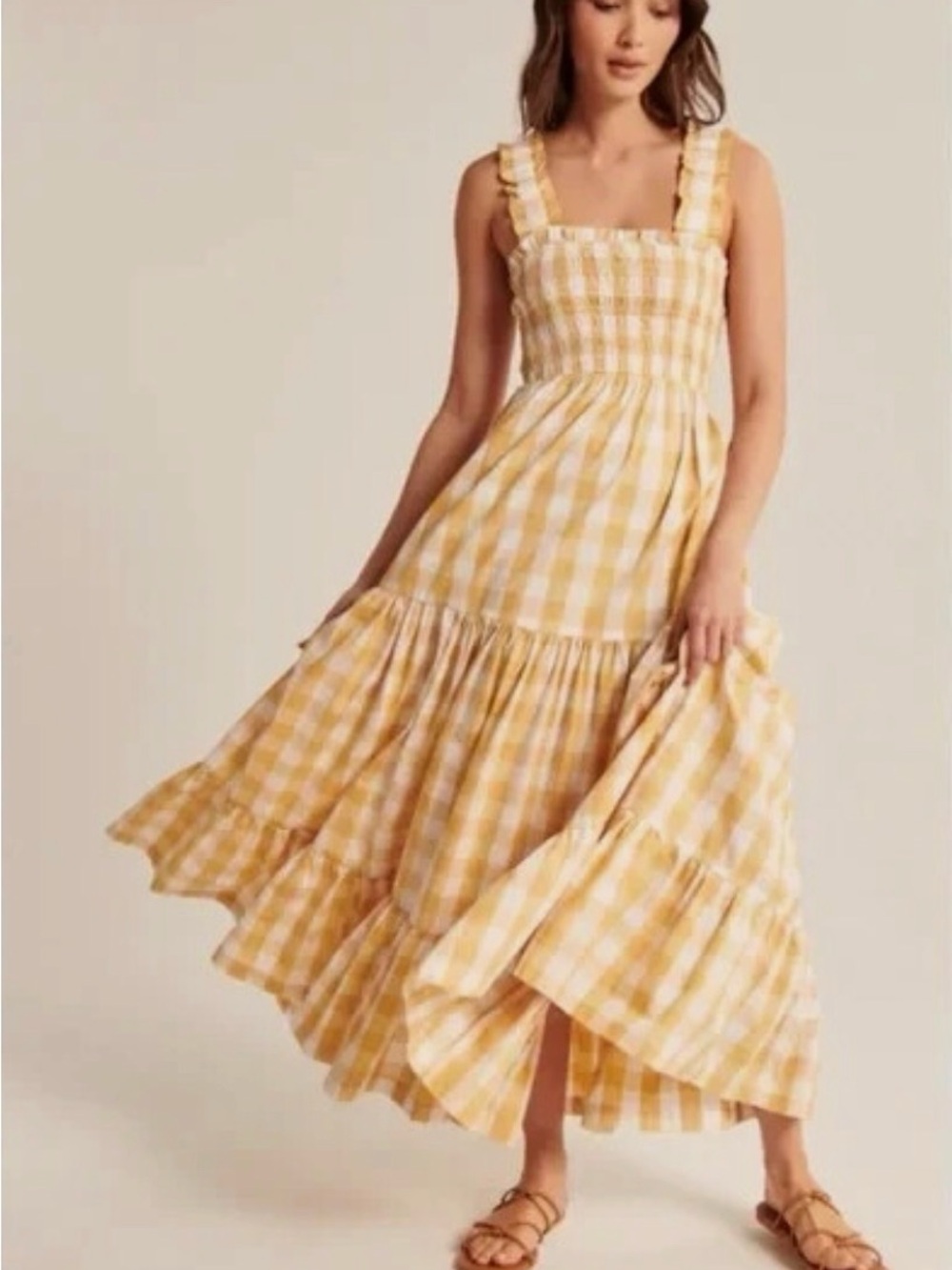 Abercrombie & Fitch Yellow Gingham Ruffled Strap Maxi Dress